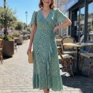 PrettyGarden Elegant Green Floral Wrap Maxi Dress New Whithout Label